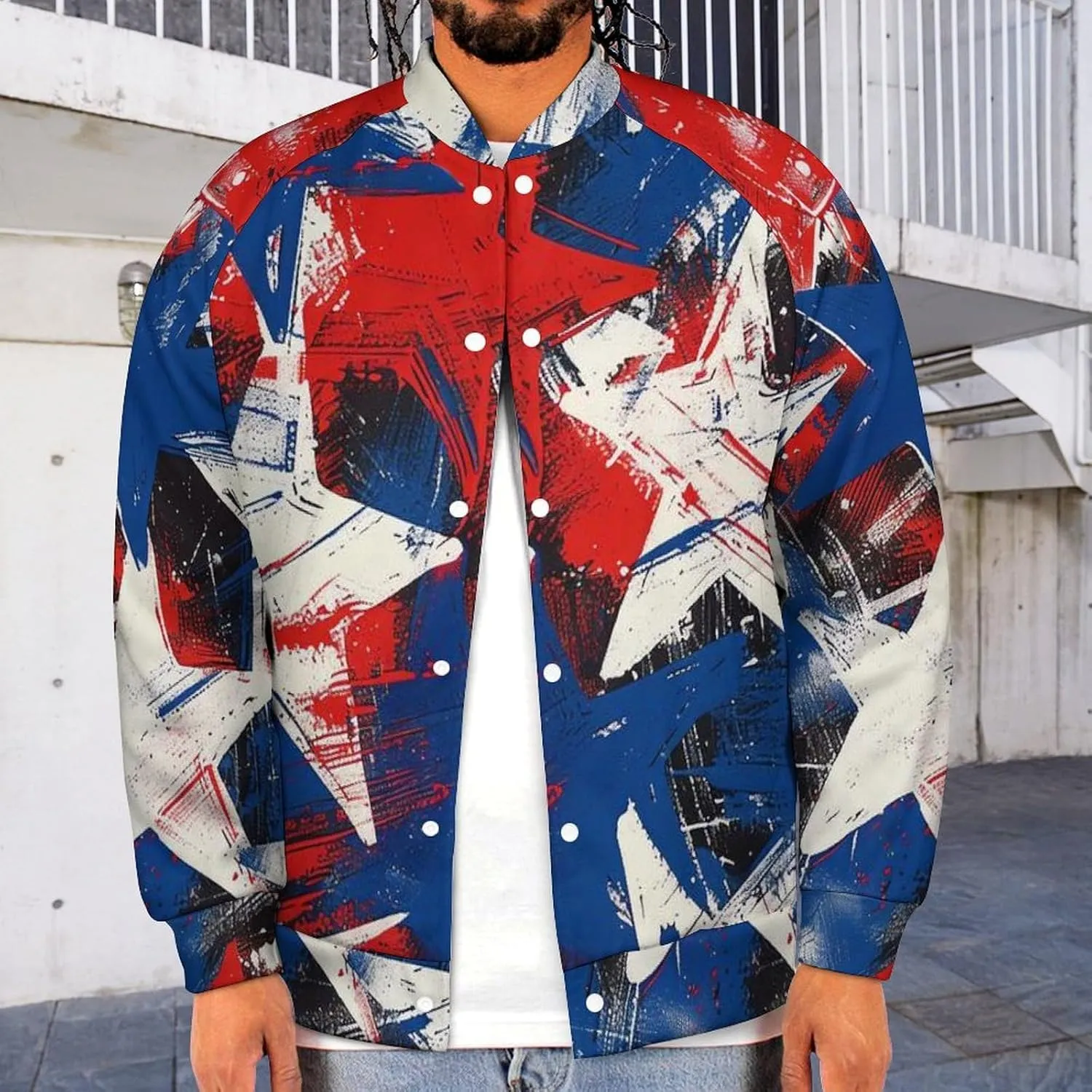 Paint U.S.A. Red White Blue Star Lightweight Men's Baseball Jackets Relaxed Fit Varsity Bomber Jacket Windbreaker Coat