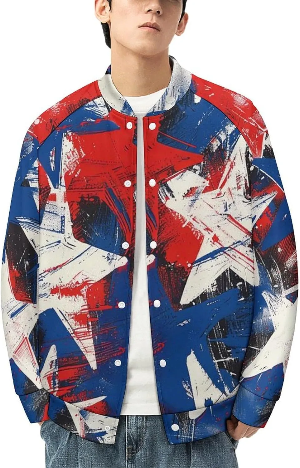 Paint U.S.A. Red White Blue Star Lightweight Men's Baseball Jackets Relaxed Fit Varsity Bomber Jacket Windbreaker Coat