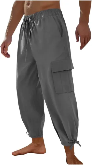Pants for Men Loose Fit Lightweight Basic Elastic Waist Drawstring Trousers Casual Trendy Summer Linen Hiking Outfits