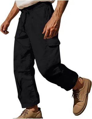 Pants for Men Loose Fit Lounge Basic Elastic Waist Drawstring Trousers Lightweight Trendy Summer Linen Beach Outfits