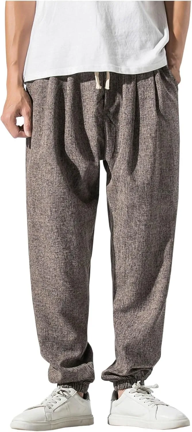 Pants Men Silm Fit Casual Lightweight Drawstring Linen Trousers with Pocket Trendy Breathable Comfy Workout Clothes
