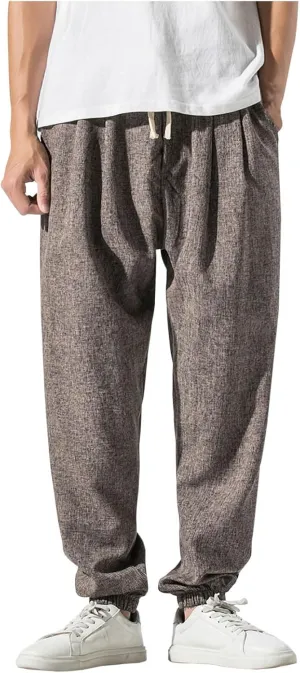 Pants Men Silm Fit Casual Lightweight Drawstring Linen Trousers with Pocket Trendy Breathable Comfy Workout Clothes