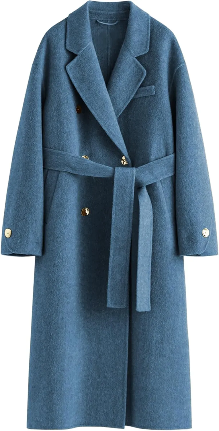 Peaceglad Womens Pea Coats Fall Long Trench Coat Double Breasted Lapel Belted Peacoat