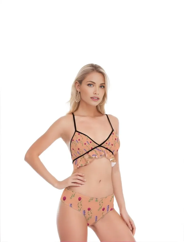 Peach Floral Womens Bikini Swimsuit With Ruffle Hem