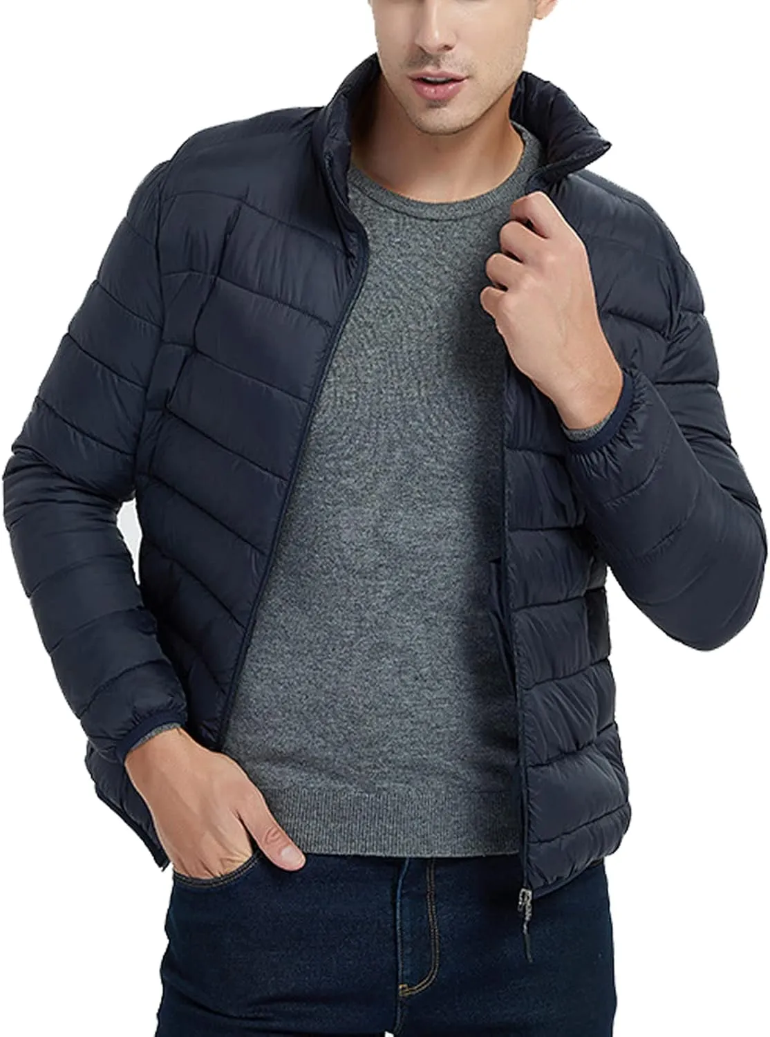 PEHMEA Men's Lightweight Packable Quilted Hooded Puffer Jacket Long Sleeve Full Zipper Water-Resistant Down Coat