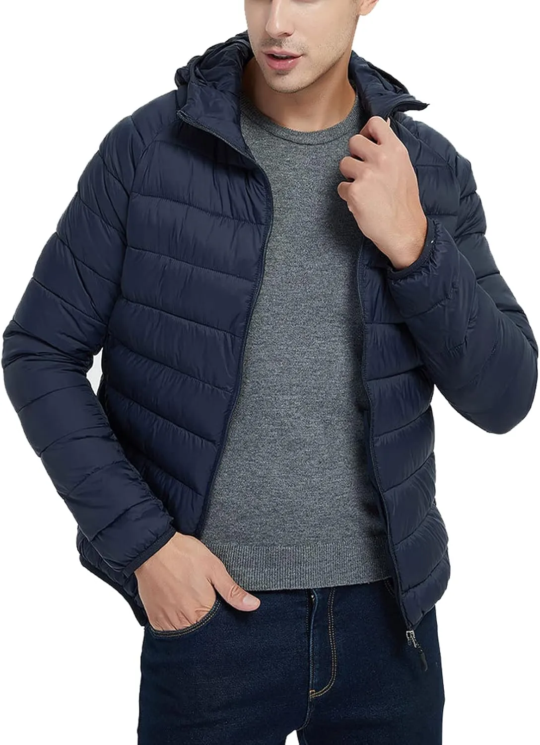 PEHMEA Men's Lightweight Packable Quilted Hooded Puffer Jacket Long Sleeve Full Zipper Water-Resistant Down Coat