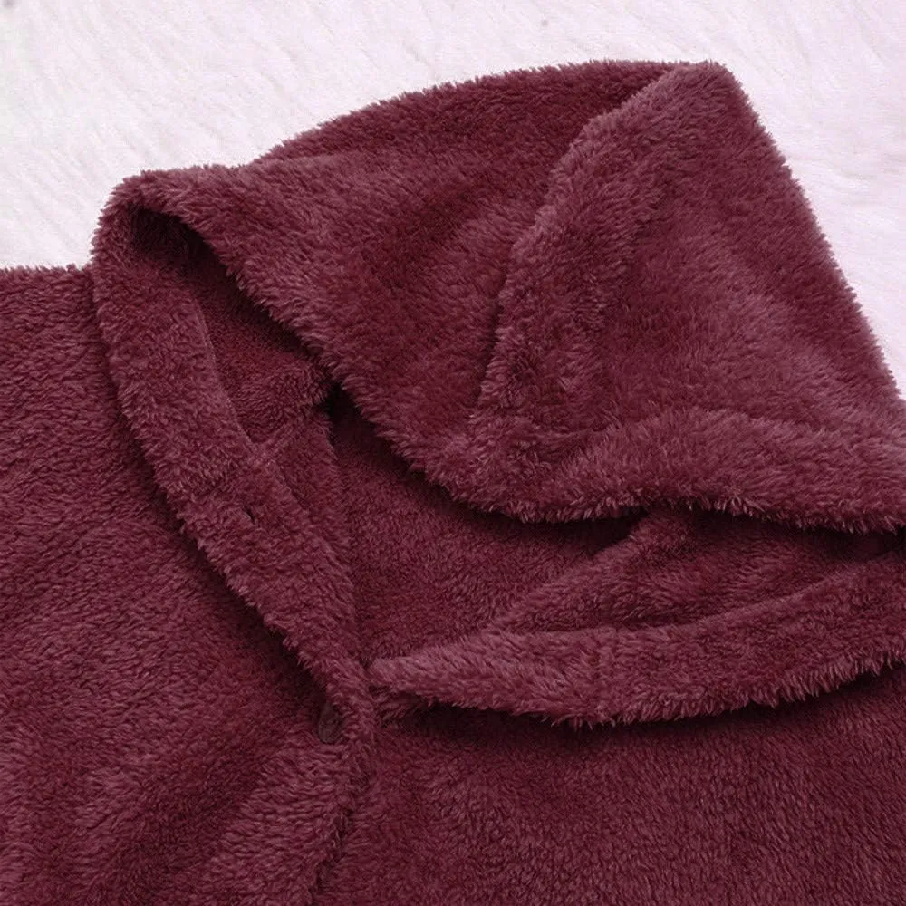 PeQAQ Women's 2023 Winter Sweater Coat Plus Size Warm Soft Fleece Jackets Button Patchwork Hooded Fuzzy Windbreaker Overcoat
