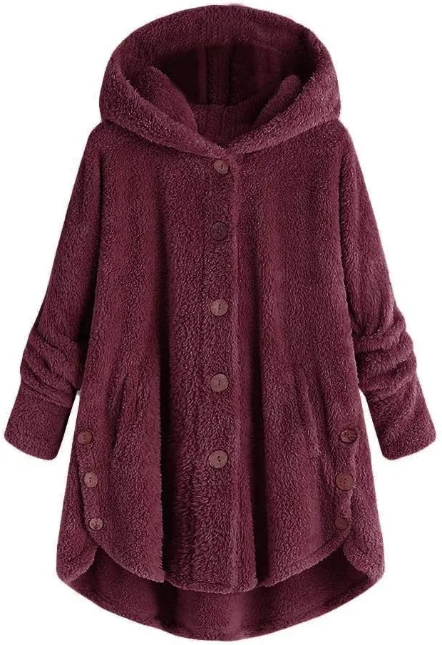 PeQAQ Women's 2023 Winter Sweater Coat Plus Size Warm Soft Fleece Jackets Button Patchwork Hooded Fuzzy Windbreaker Overcoat