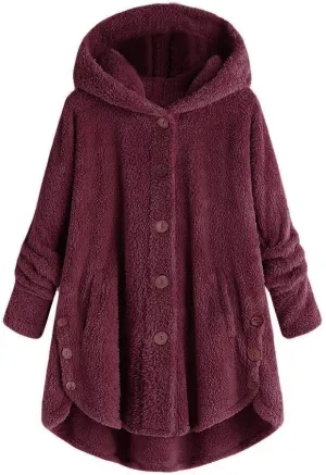PeQAQ Women's 2023 Winter Sweater Coat Plus Size Warm Soft Fleece Jackets Button Patchwork Hooded Fuzzy Windbreaker Overcoat
