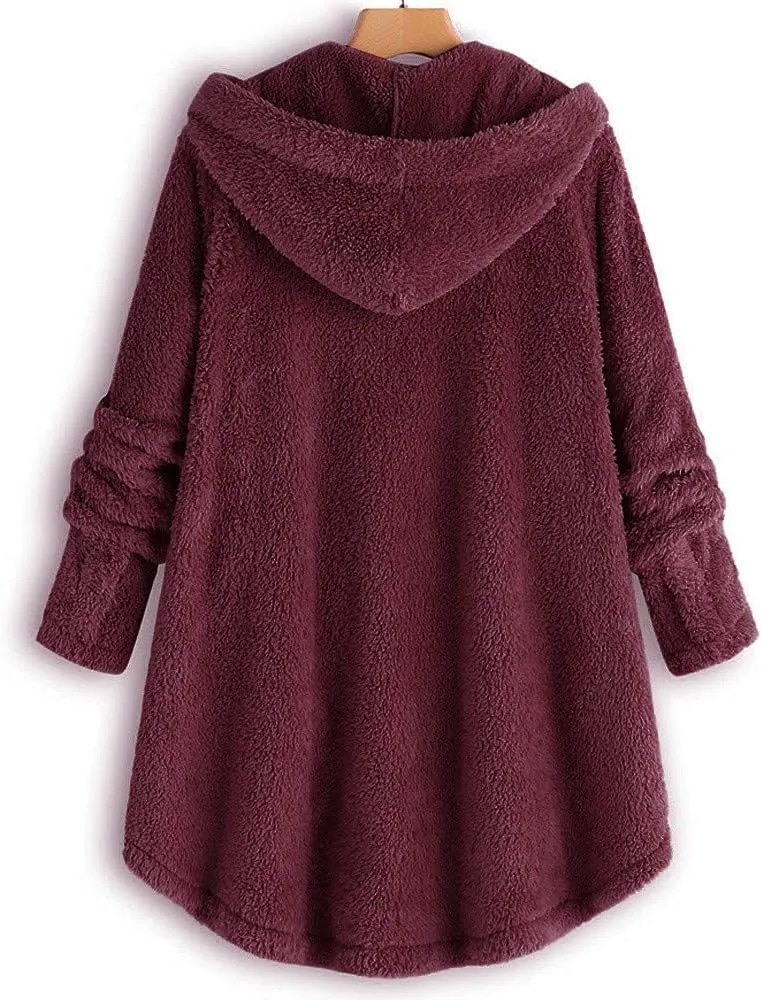 PeQAQ Women's 2023 Winter Sweater Coat Plus Size Warm Soft Fleece Jackets Button Patchwork Hooded Fuzzy Windbreaker Overcoat
