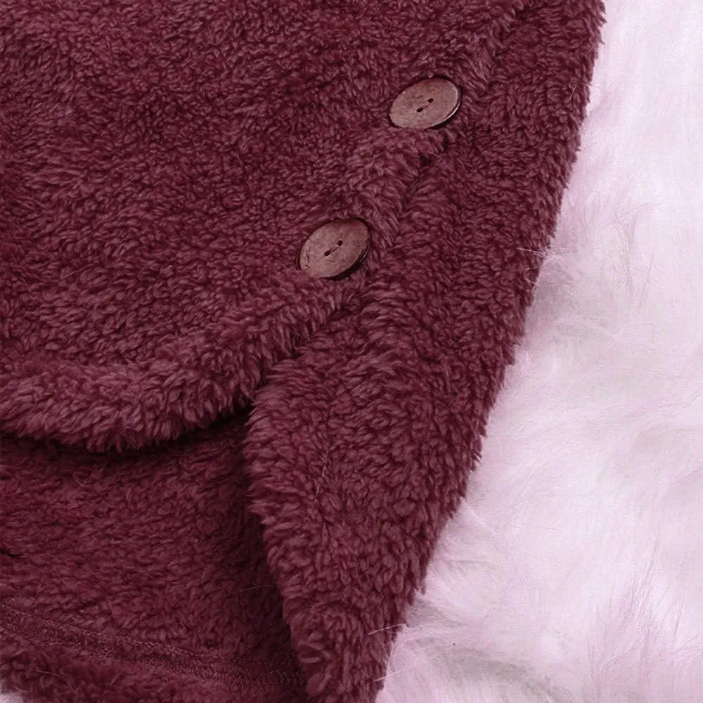 PeQAQ Women's 2023 Winter Sweater Coat Plus Size Warm Soft Fleece Jackets Button Patchwork Hooded Fuzzy Windbreaker Overcoat