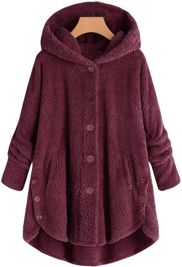 PeQAQ Women's 2023 Winter Sweater Coat Plus Size Warm Soft Fleece Jackets Button Patchwork Hooded Fuzzy Windbreaker Overcoat