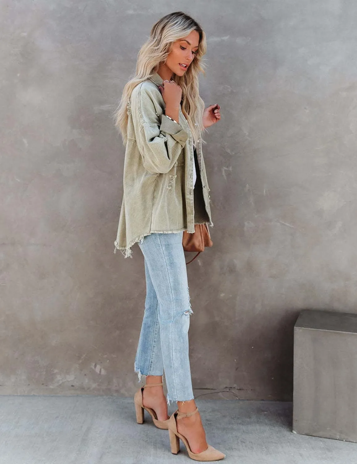 Perbai Women's Casual Distressed Oversized Jean Jacket Ripped Fringe Long Sleeve Denim Shacket