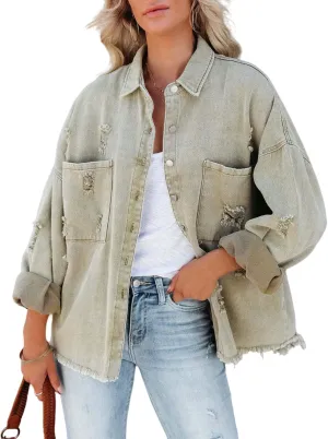 Perbai Women's Casual Distressed Oversized Jean Jacket Ripped Fringe Long Sleeve Denim Shacket