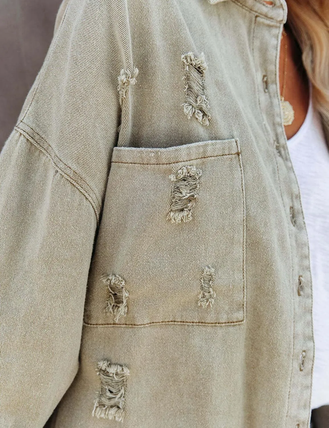 Perbai Women's Casual Distressed Oversized Jean Jacket Ripped Fringe Long Sleeve Denim Shacket