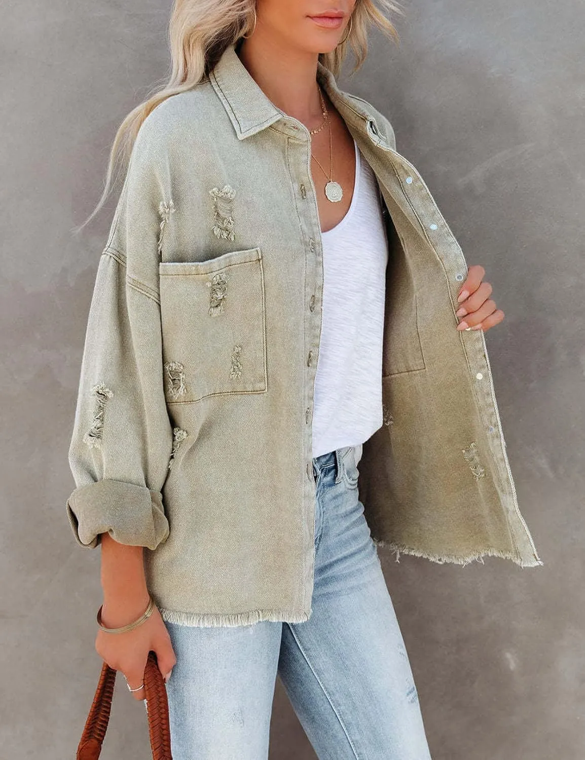 Perbai Women's Casual Distressed Oversized Jean Jacket Ripped Fringe Long Sleeve Denim Shacket