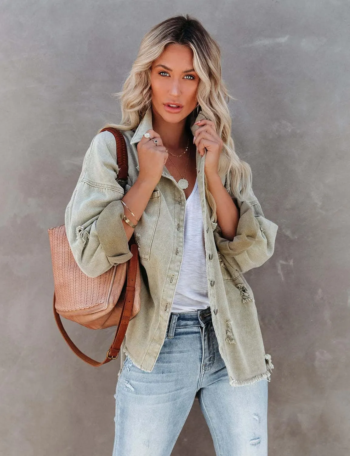 Perbai Women's Casual Distressed Oversized Jean Jacket Ripped Fringe Long Sleeve Denim Shacket