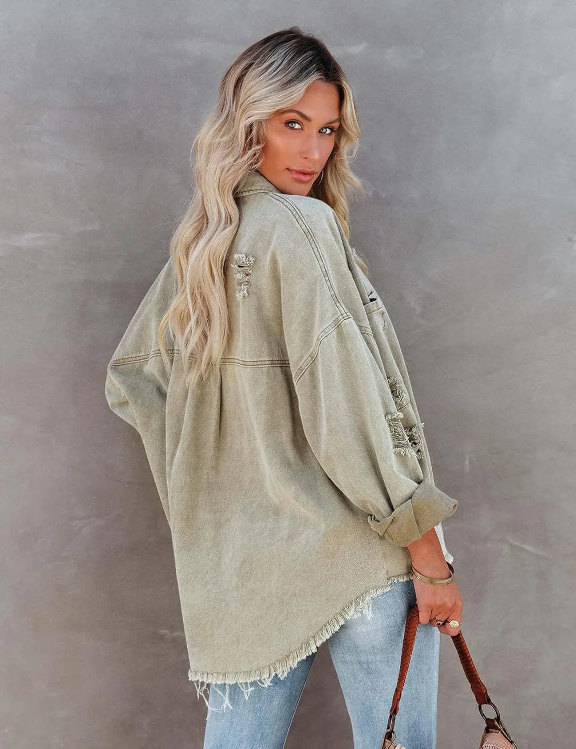 Perbai Women's Casual Distressed Oversized Jean Jacket Ripped Fringe Long Sleeve Denim Shacket