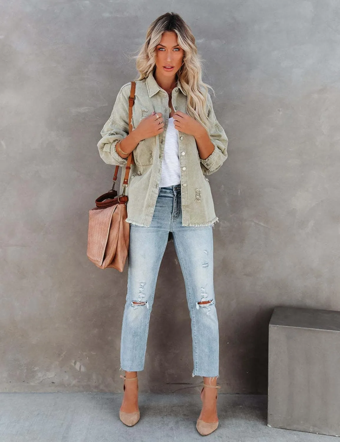 Perbai Women's Casual Distressed Oversized Jean Jacket Ripped Fringe Long Sleeve Denim Shacket