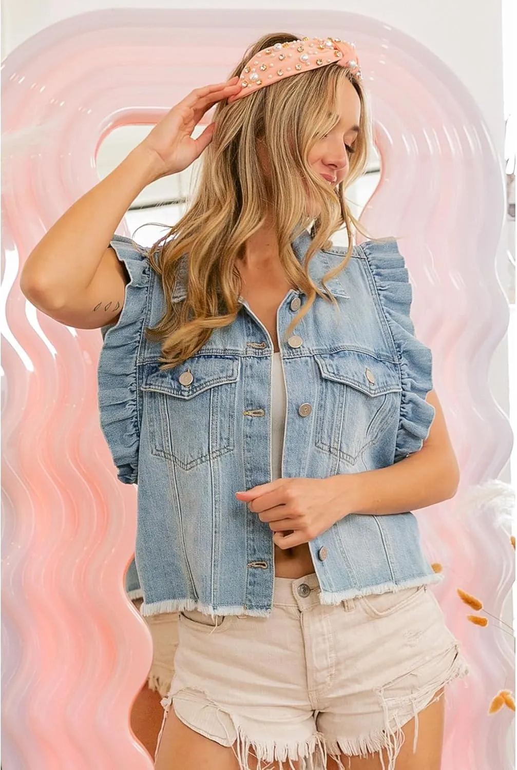 Perbai Womens Distressed Crop Denim Vest Ruffled Pleated Button Down Sleeveless Jean Jacket Waistcoat