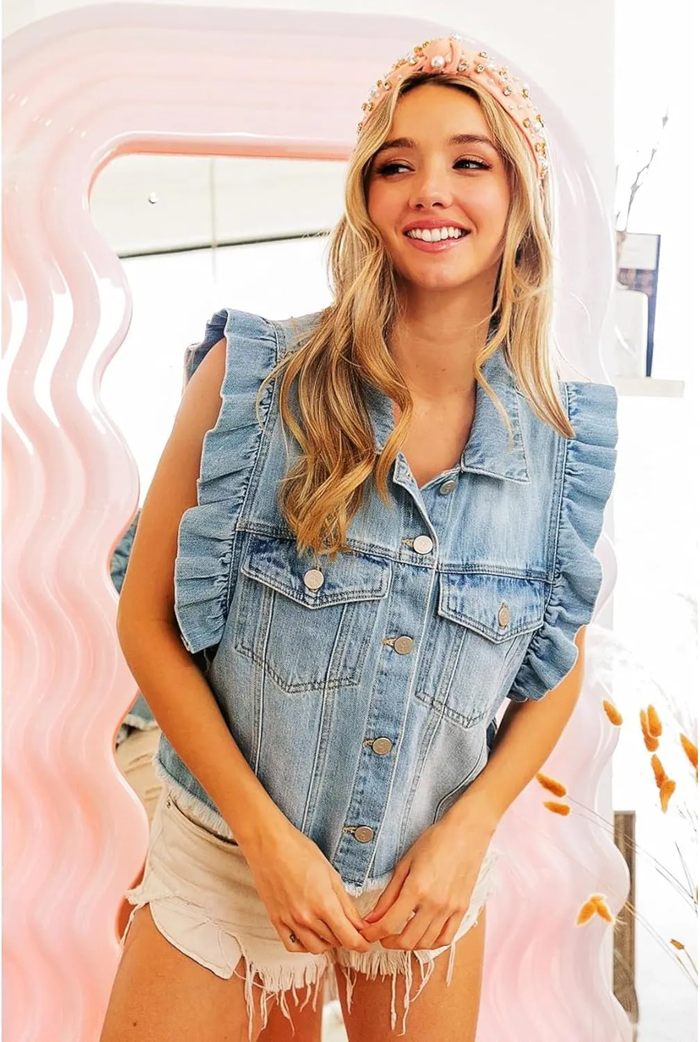 Perbai Womens Distressed Crop Denim Vest Ruffled Pleated Button Down Sleeveless Jean Jacket Waistcoat