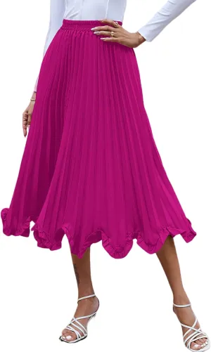 Perbai Women's High Waisted Ruffle Hem A Line Swing Flare Pleated Long Midi Skirt