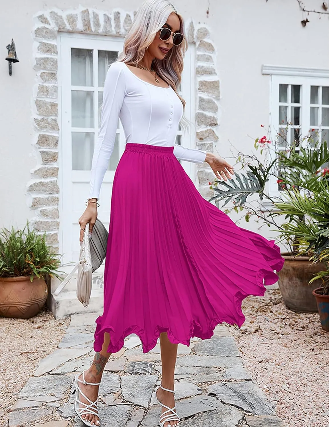 Perbai Women's High Waisted Ruffle Hem A Line Swing Flare Pleated Long Midi Skirt