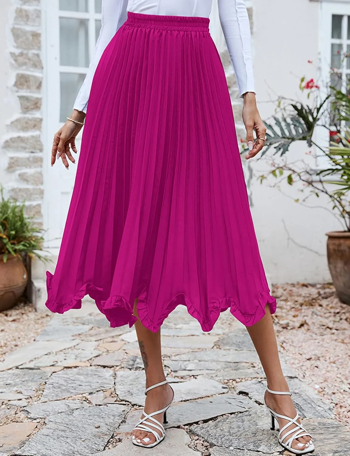 Perbai Women's High Waisted Ruffle Hem A Line Swing Flare Pleated Long Midi Skirt