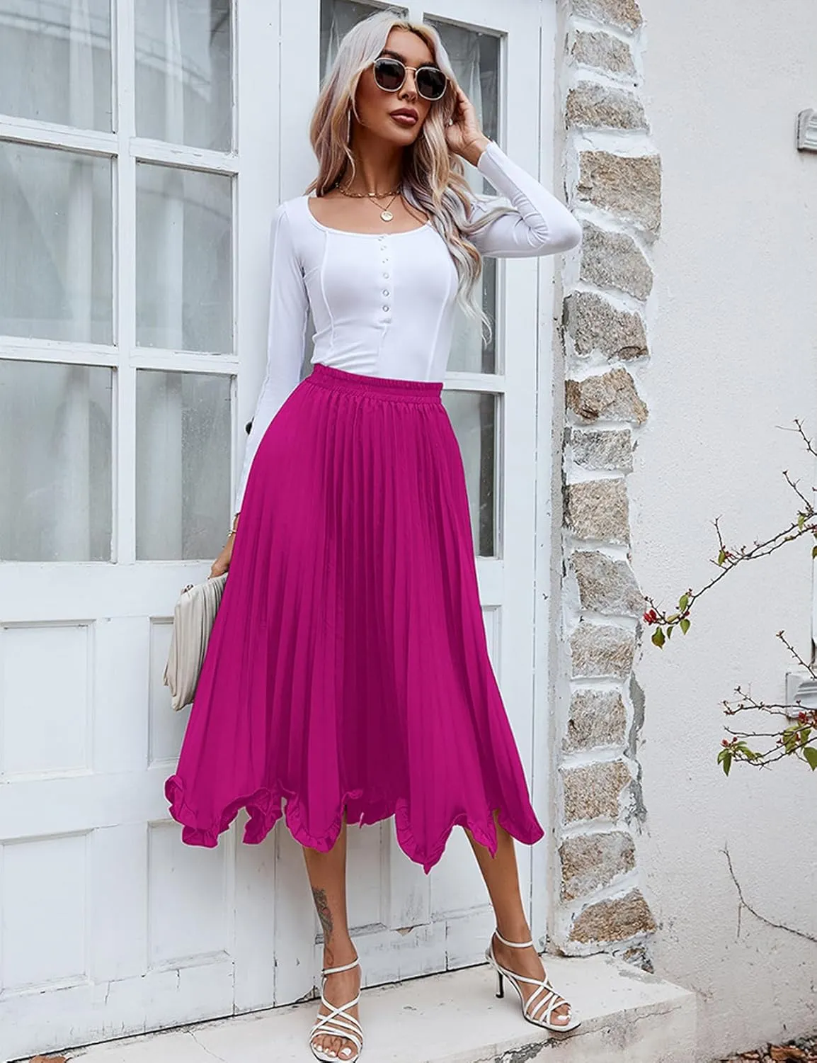 Perbai Women's High Waisted Ruffle Hem A Line Swing Flare Pleated Long Midi Skirt