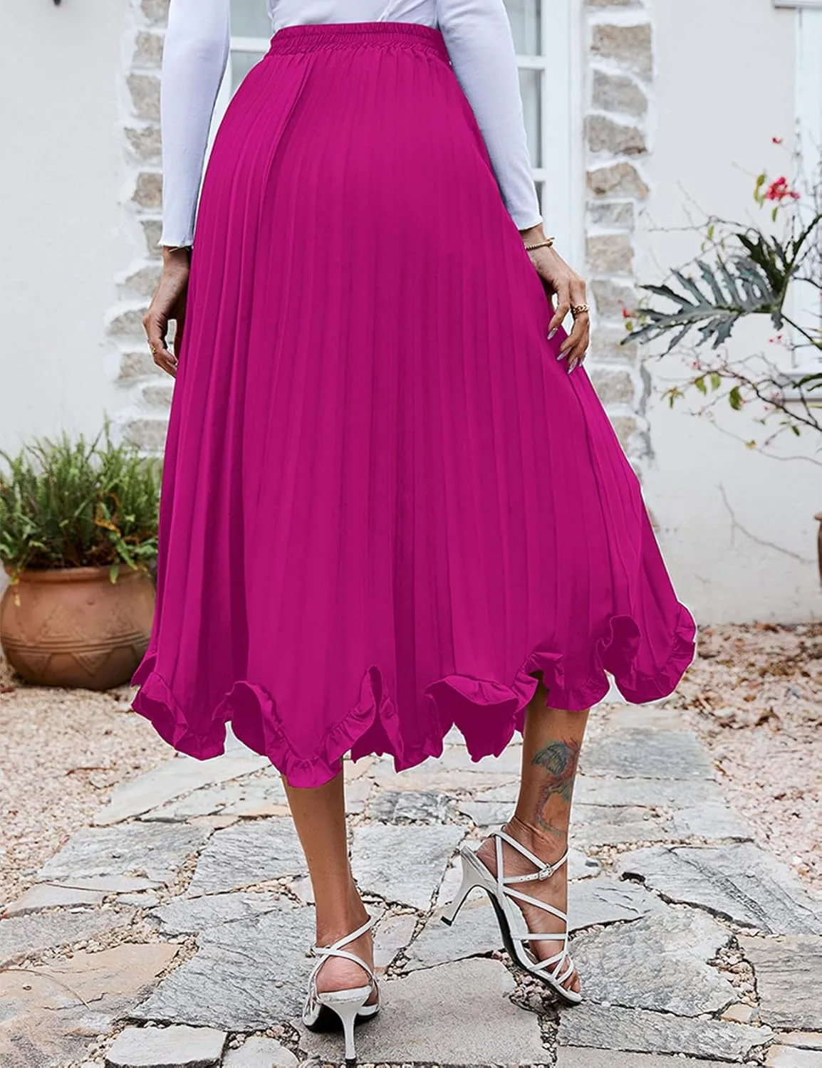 Perbai Women's High Waisted Ruffle Hem A Line Swing Flare Pleated Long Midi Skirt
