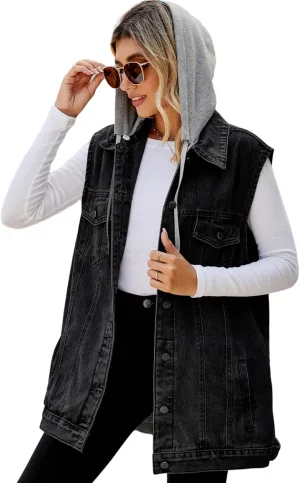 Perbai Women's Oversized Denim Vest Distressed Mid Long Sleeveless Jean Jacket Waistcoat with Pockets