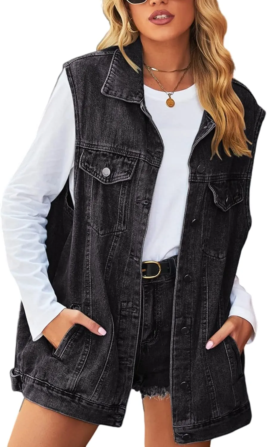 Perbai Women's Oversized Denim Vest Distressed Mid Long Sleeveless Jean Jacket Waistcoat with Pockets