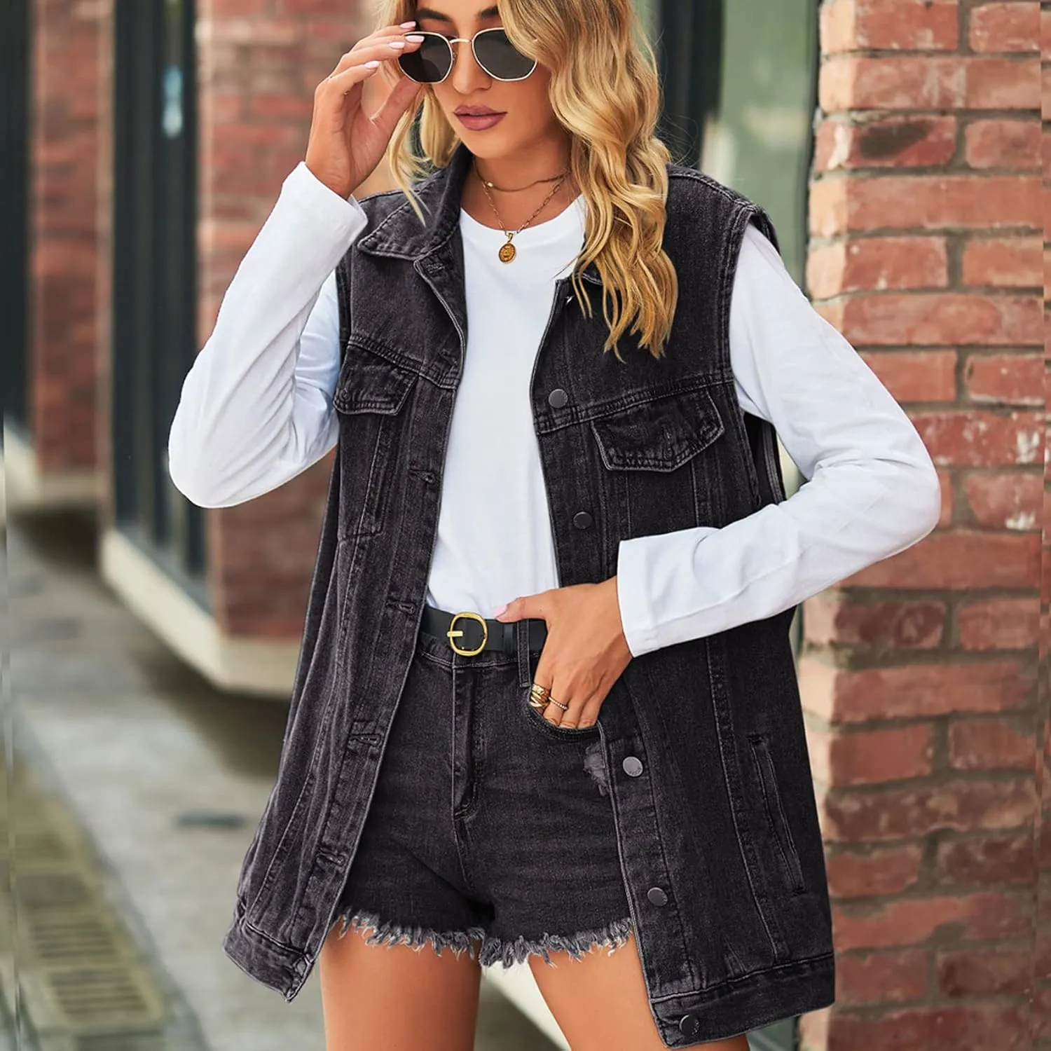 Perbai Women's Oversized Denim Vest Distressed Mid Long Sleeveless Jean Jacket Waistcoat with Pockets