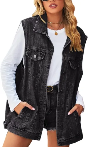 Perbai Women's Oversized Denim Vest Distressed Mid Long Sleeveless Jean Jacket Waistcoat with Pockets