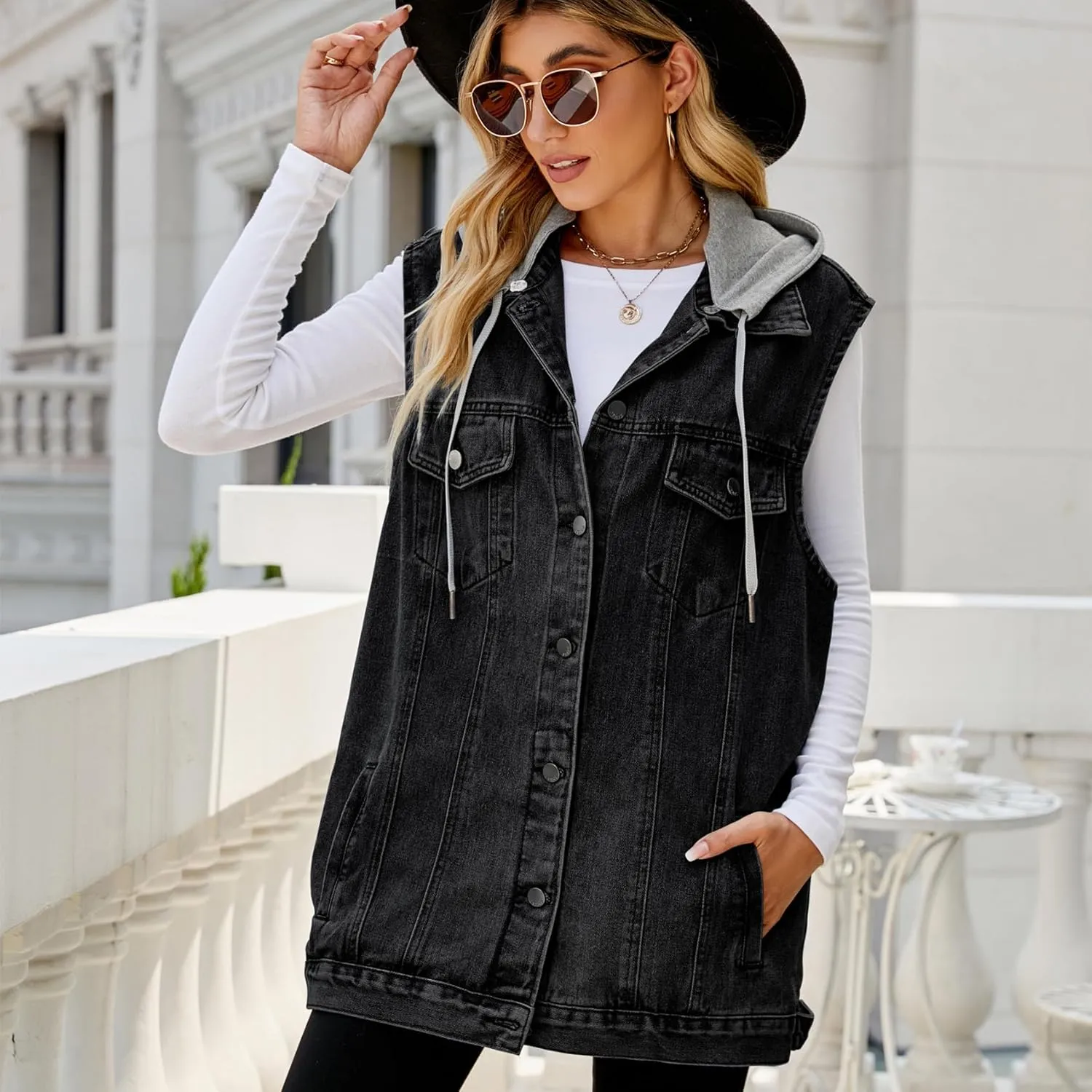 Perbai Women's Oversized Denim Vest Distressed Mid Long Sleeveless Jean Jacket Waistcoat with Pockets