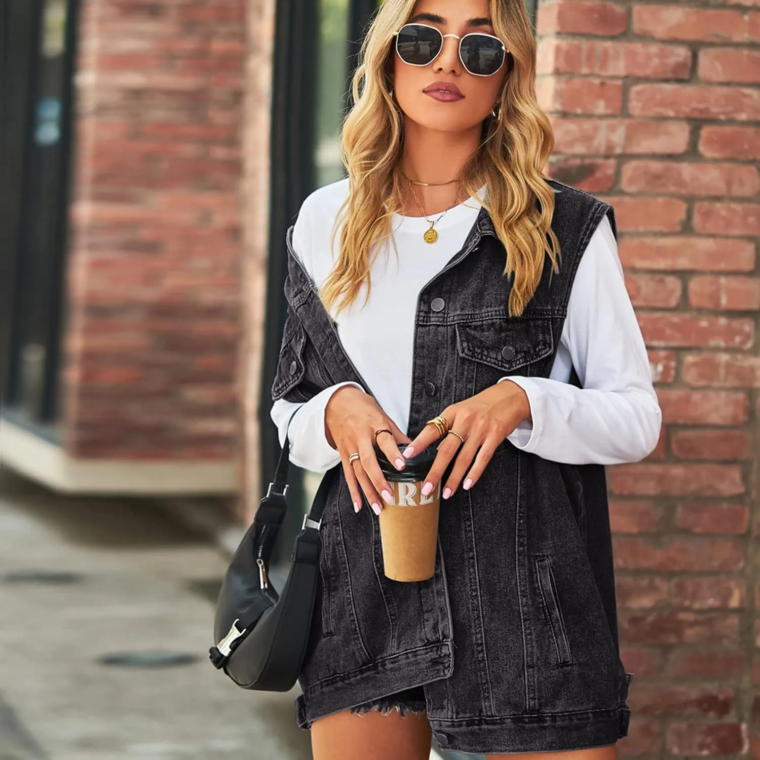 Perbai Women's Oversized Denim Vest Distressed Mid Long Sleeveless Jean Jacket Waistcoat with Pockets