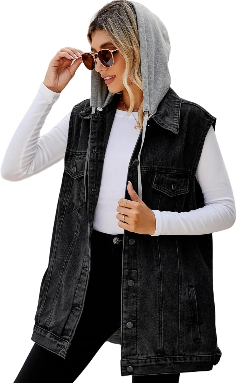 Perbai Women's Oversized Denim Vest Distressed Mid Long Sleeveless Jean Jacket Waistcoat with Pockets