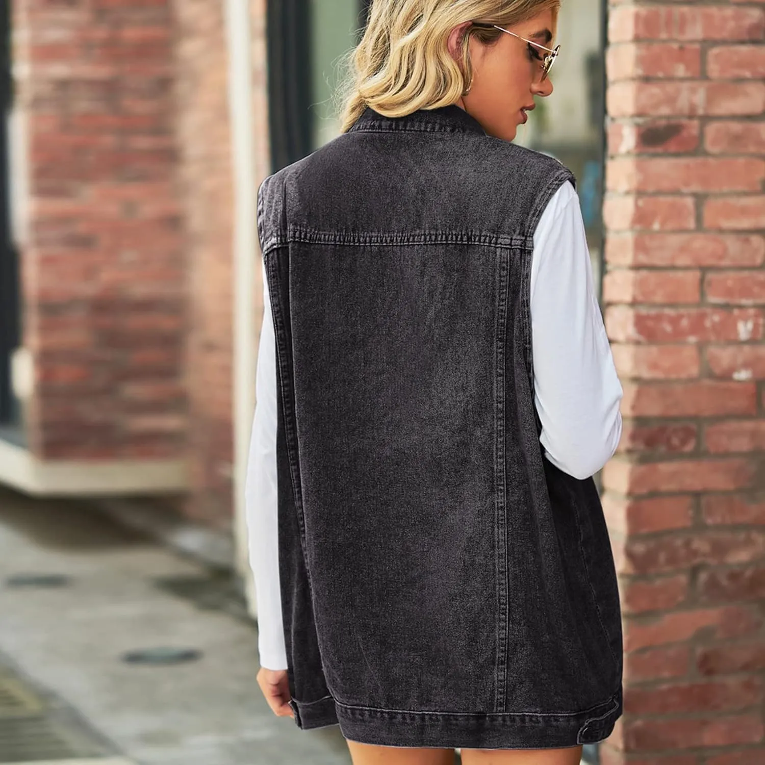 Perbai Women's Oversized Denim Vest Distressed Mid Long Sleeveless Jean Jacket Waistcoat with Pockets