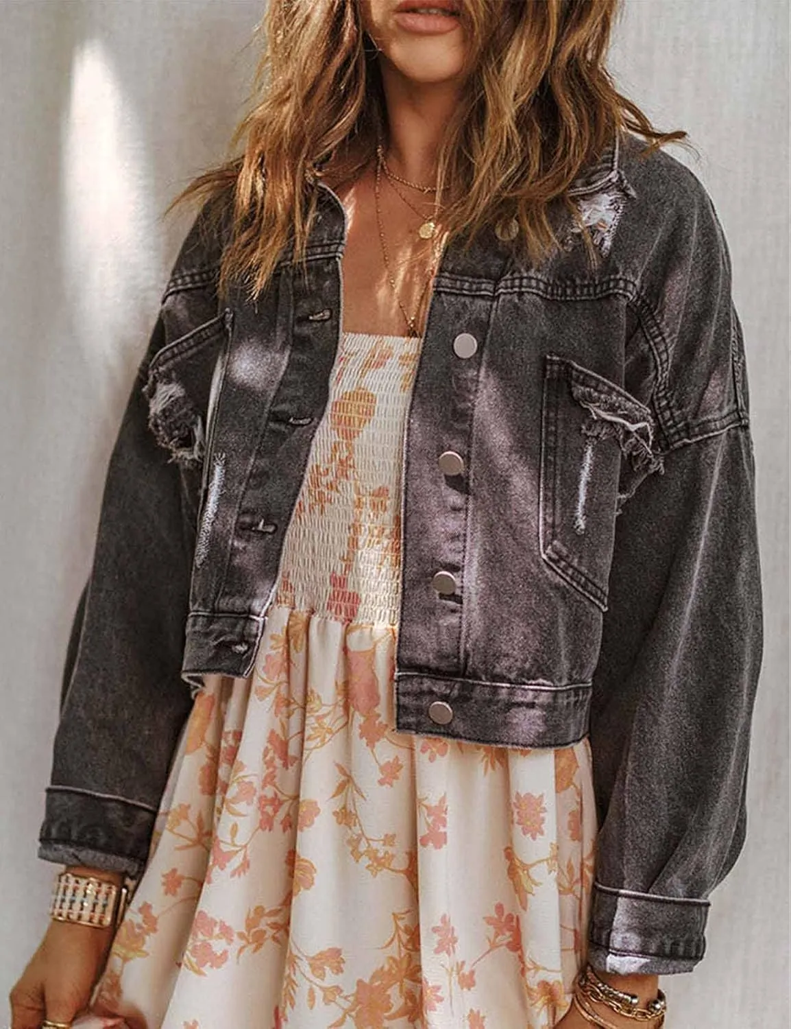 Perbai Womens Ripped Button Down Long Sleeve Oversized Cropped Denim Jean Jacket with Fringe