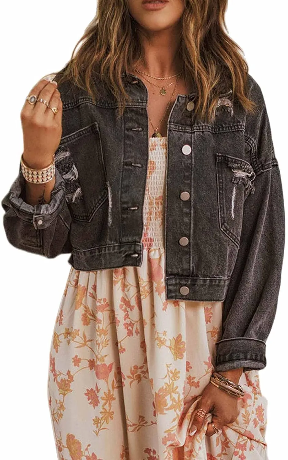 Perbai Womens Ripped Button Down Long Sleeve Oversized Cropped Denim Jean Jacket with Fringe