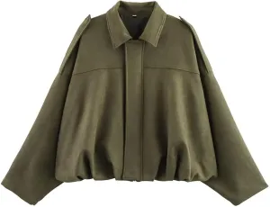 Perbai Women's Vintage Faux Suede Crop Jacket Casual Oversized Long Sleeve Zip Up Bomber Leather Coat