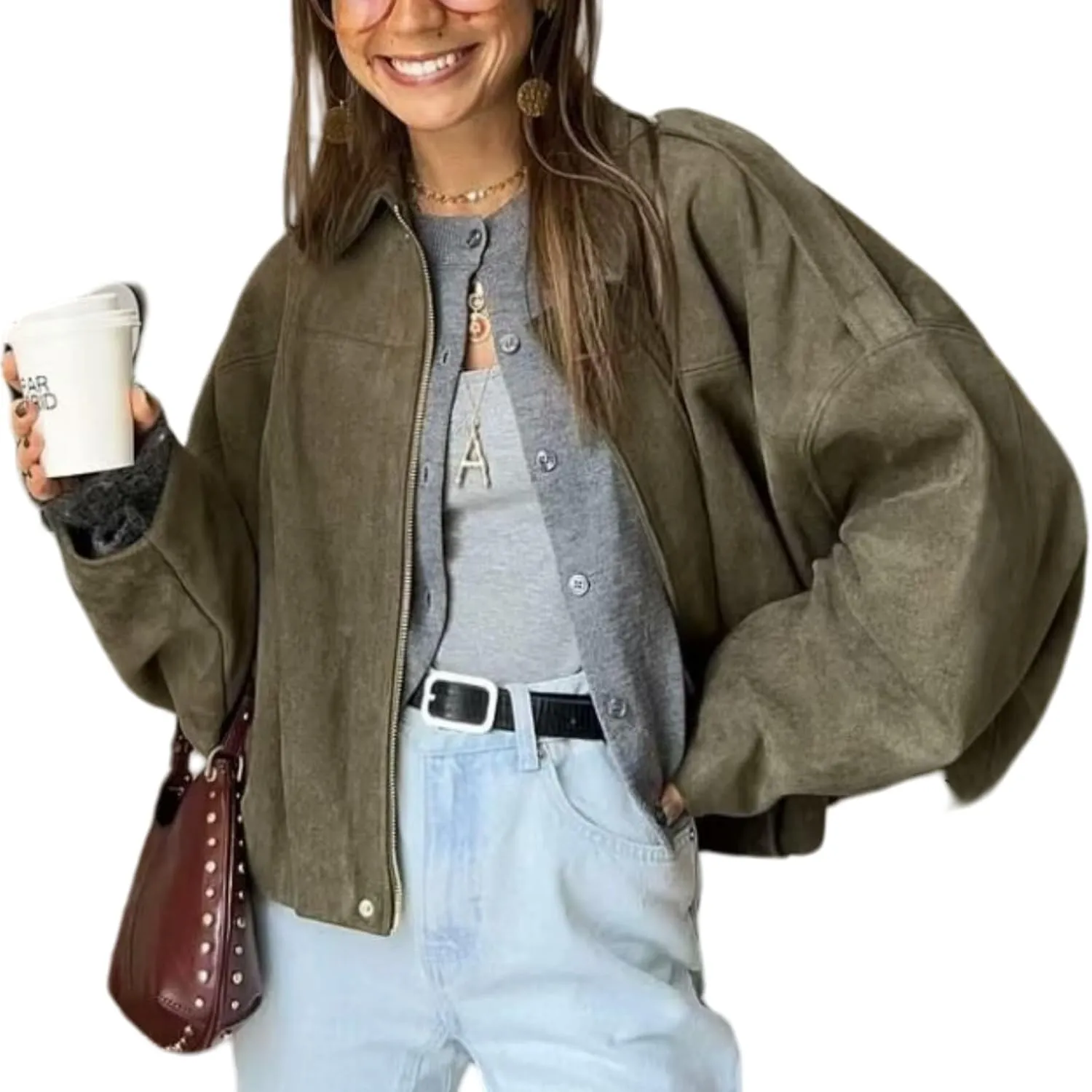 Perbai Women's Vintage Faux Suede Crop Jacket Casual Oversized Long Sleeve Zip Up Bomber Leather Coat