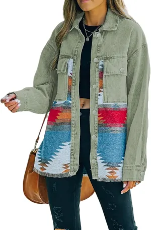 Perbai Womens Vintage Oversized Lapel Button Down Aztec Print Denim Shacket Jacket