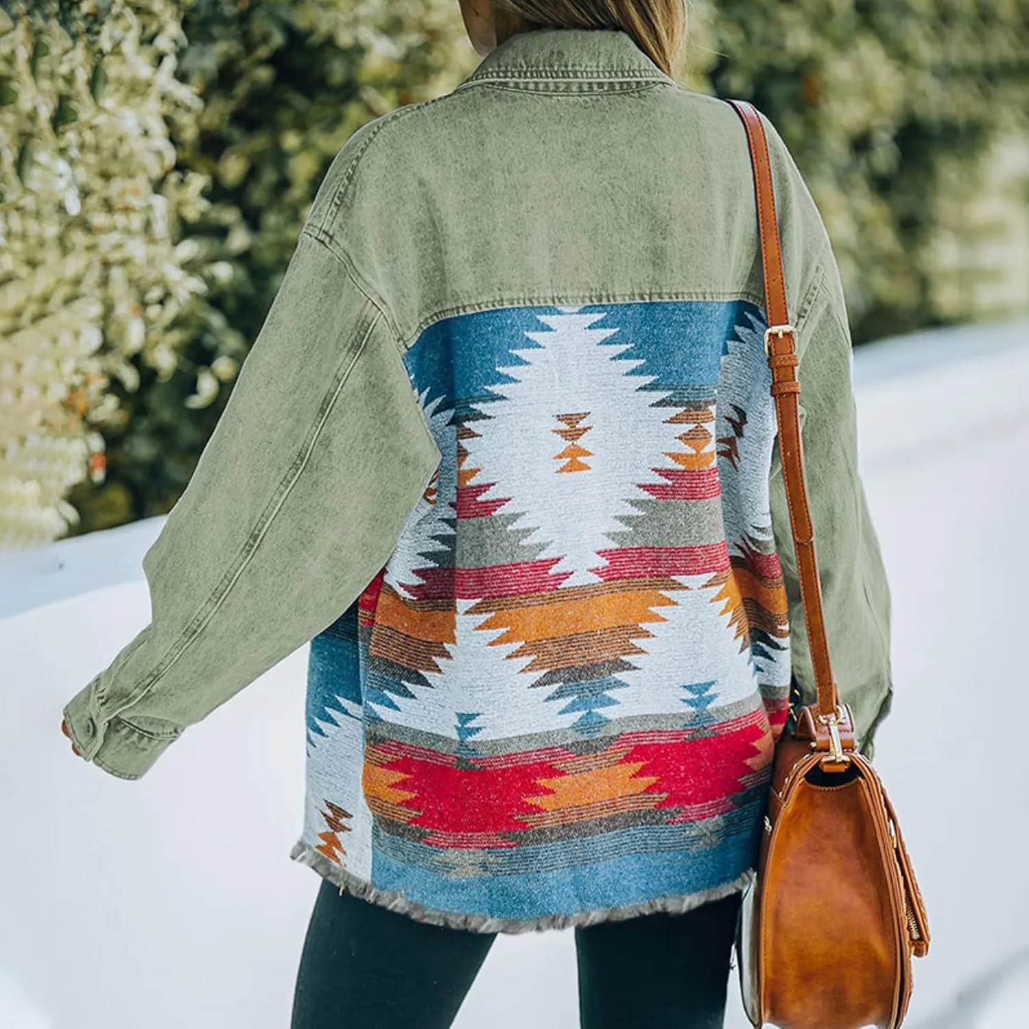 Perbai Womens Vintage Oversized Lapel Button Down Aztec Print Denim Shacket Jacket