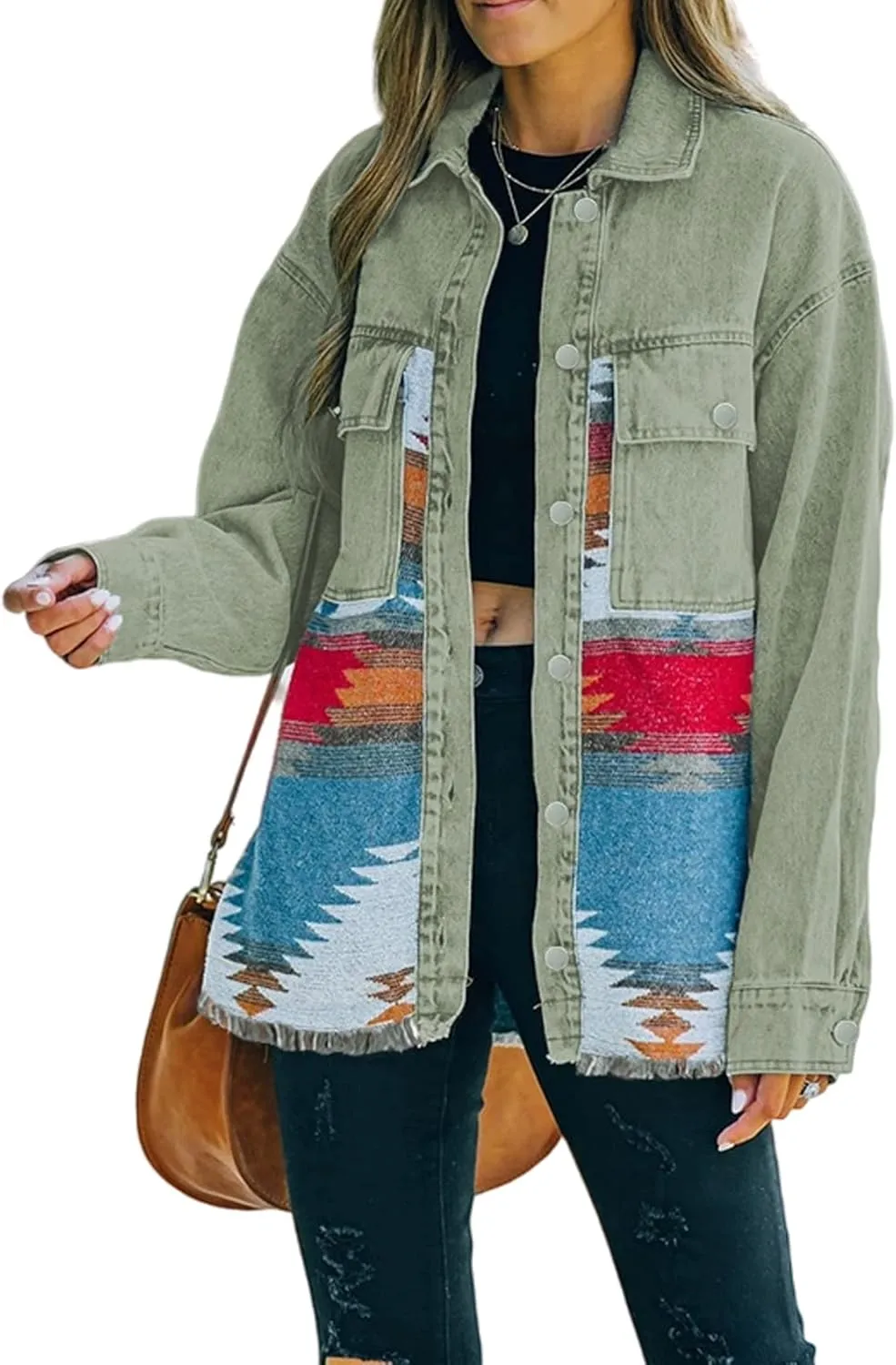 Perbai Womens Vintage Oversized Lapel Button Down Aztec Print Denim Shacket Jacket