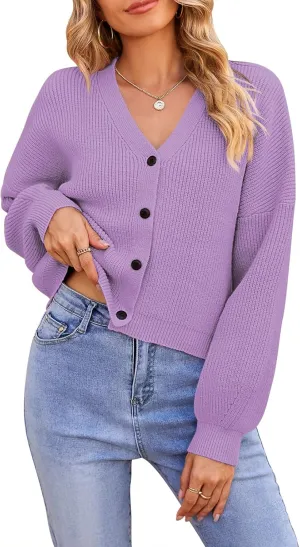 Pink Queen Women's 2025 Fall Button Down V Neck Batwing Long Sleeve Ribbed Knit Cropped Cardigan Sweater Top