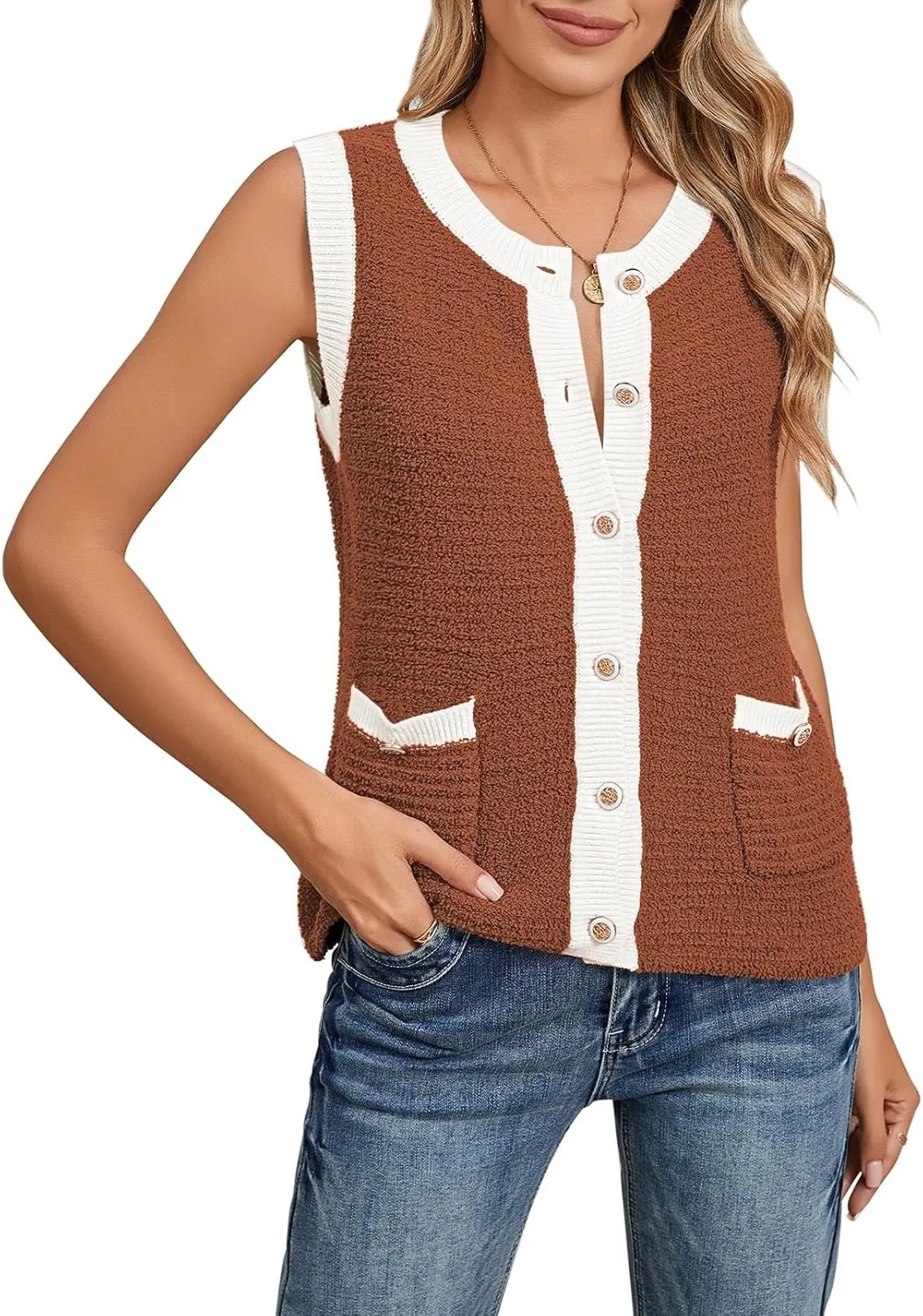 Pink Queen Women's Sweater Vest 2024 Sleeveless Knit Crewneck Button Down Tank Tops Fashion Casual Loose Summer Cardigans