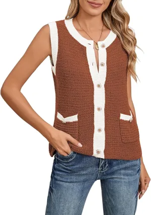 Pink Queen Women's Sweater Vest 2024 Sleeveless Knit Crewneck Button Down Tank Tops Fashion Casual Loose Summer Cardigans