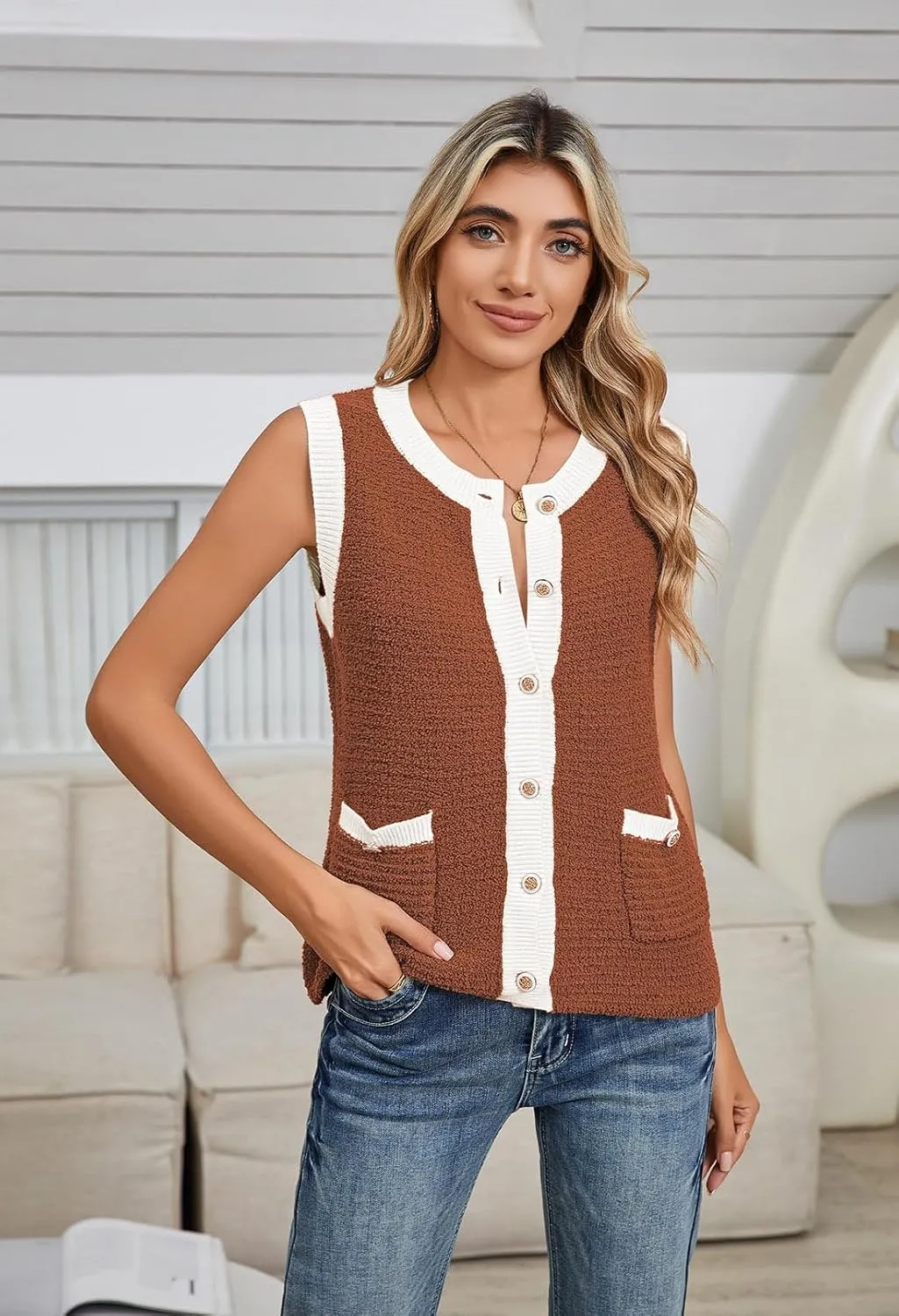 Pink Queen Women's Sweater Vest 2024 Sleeveless Knit Crewneck Button Down Tank Tops Fashion Casual Loose Summer Cardigans