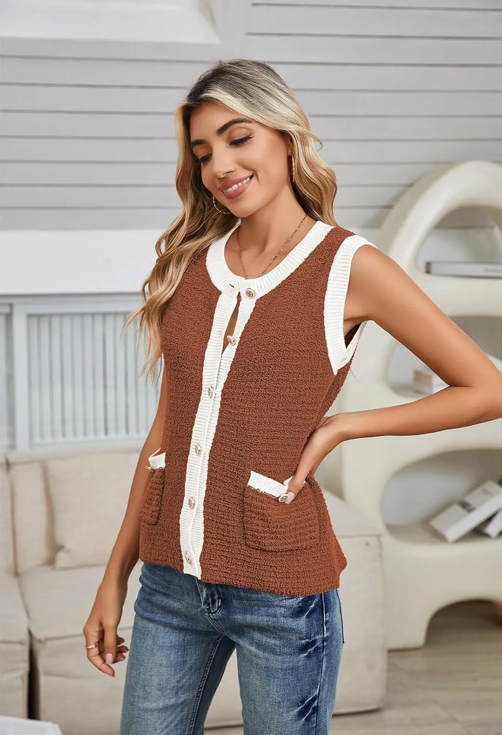 Pink Queen Women's Sweater Vest 2024 Sleeveless Knit Crewneck Button Down Tank Tops Fashion Casual Loose Summer Cardigans